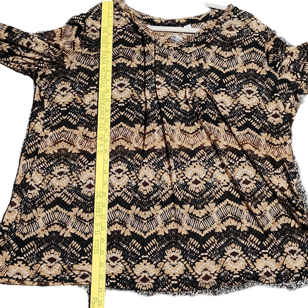 SUSAN GRAVER Abstract Print Blouse Womens Plus 1X Brown Black Sheer Tunic Top - Picture 10 of 14